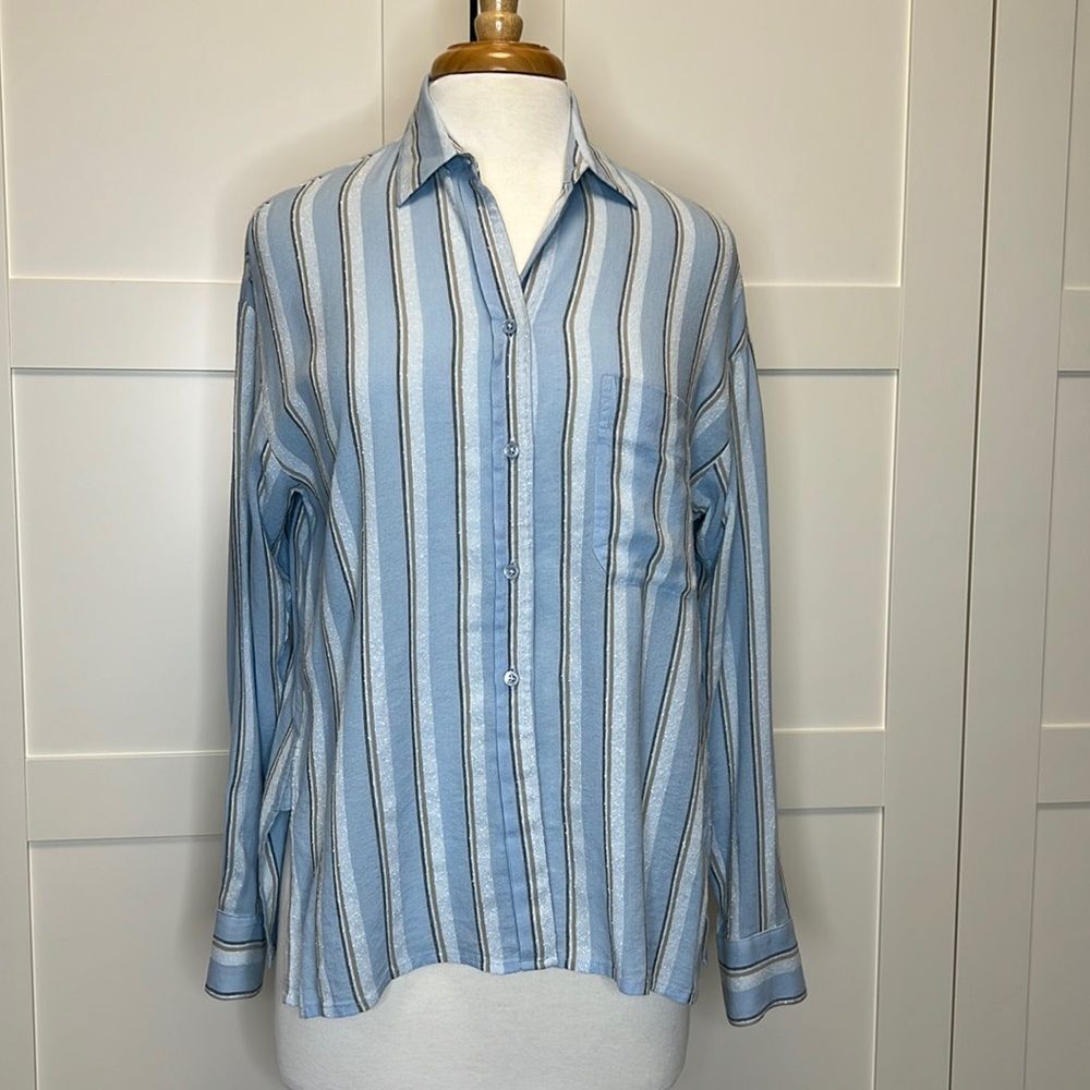 Vince Blue and White Striped Button-Down Shirt